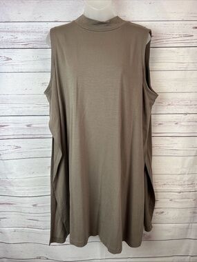 Eileen Fisher 1X Jersey Knit Mock Neck Long Sleeveless Top Split Sides Taupe